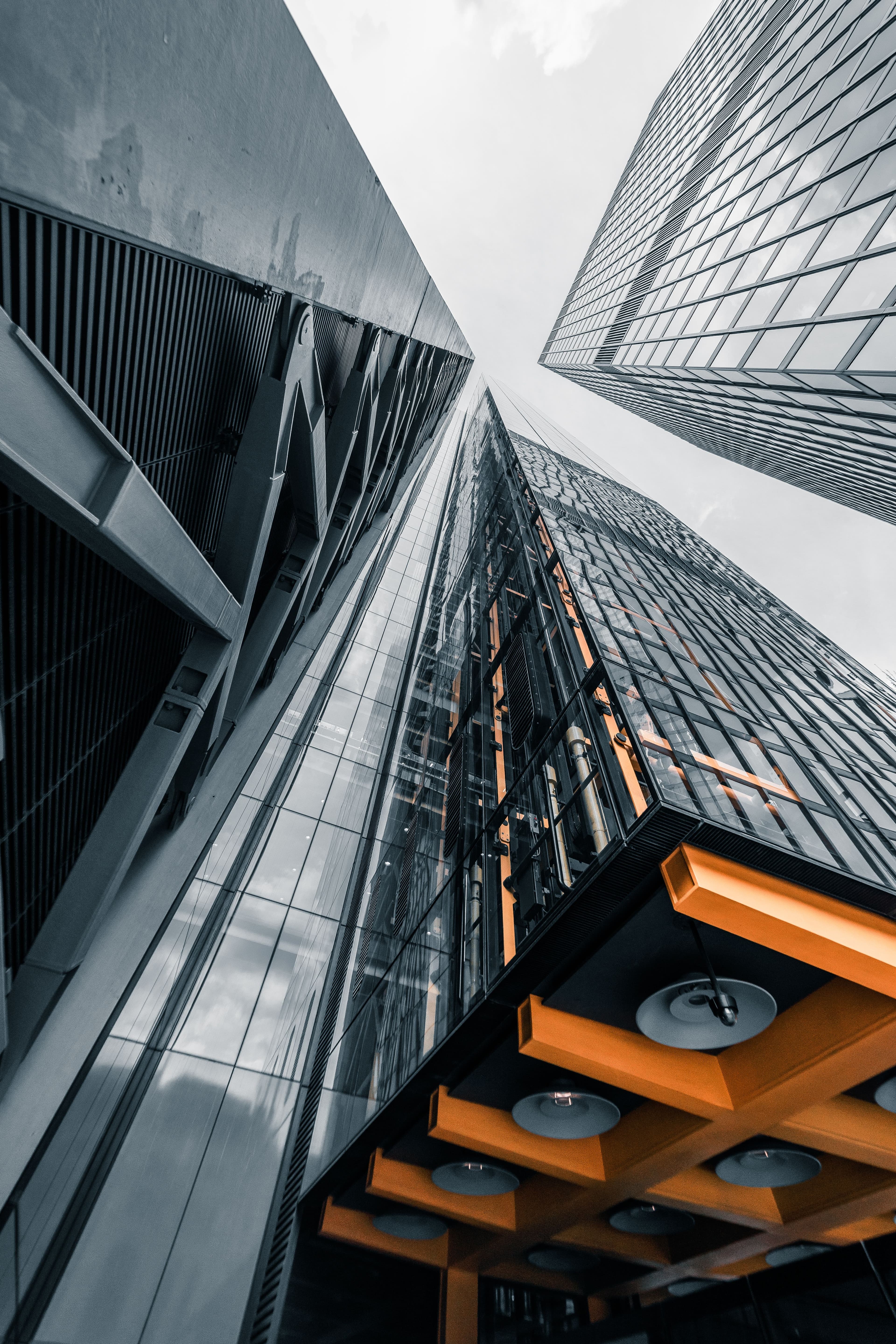 Glass tower cluster viewed from below