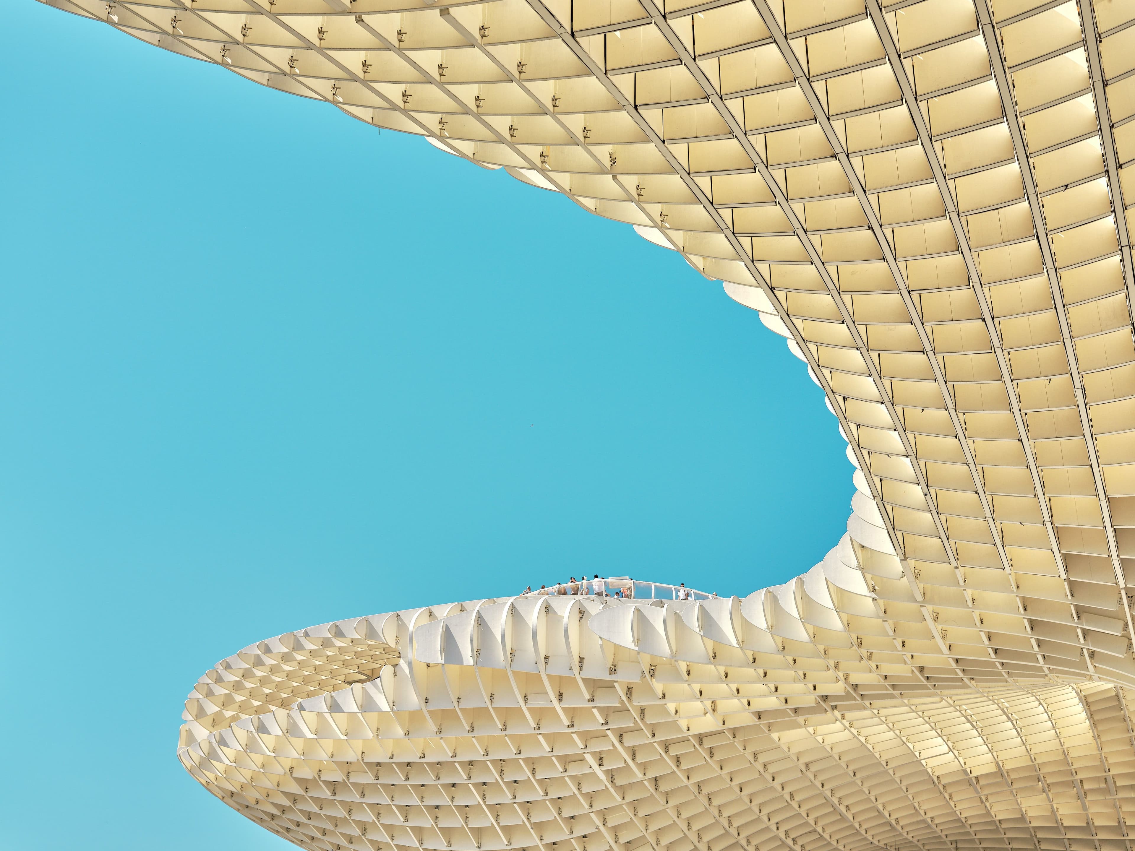 Canopy lattice columns against blue sky